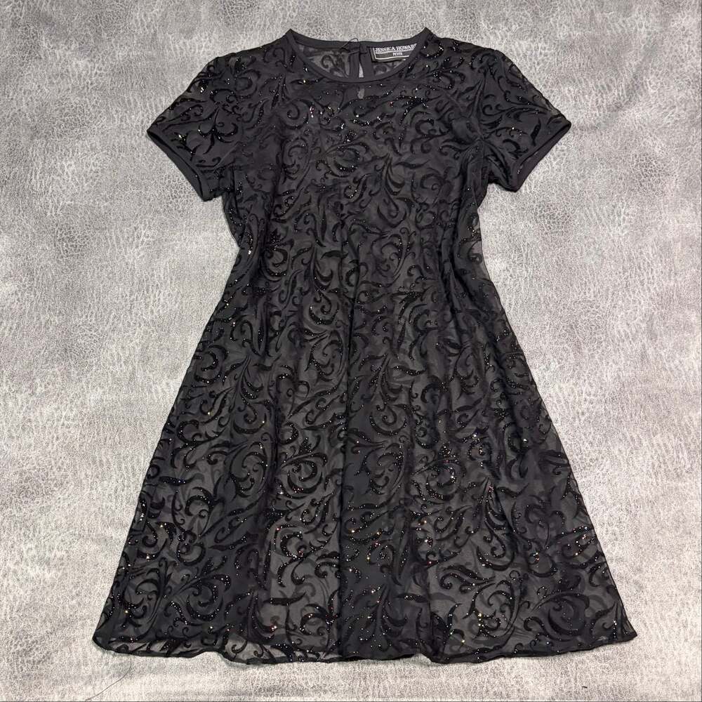 Black Sheer Velvet Glitter Print Dress